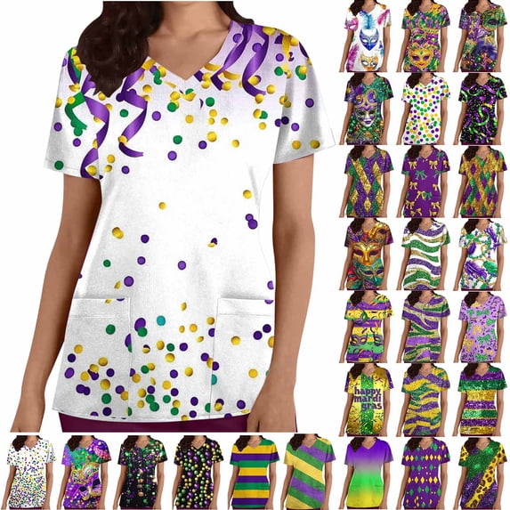 Purcolt Womens Carnival Scrubs Tops Stretchy Cute V Neck Short Sleeve Shirts Soft Casual Moisture Wicking T-Shirt for Nursing Medical with 2 Pockets