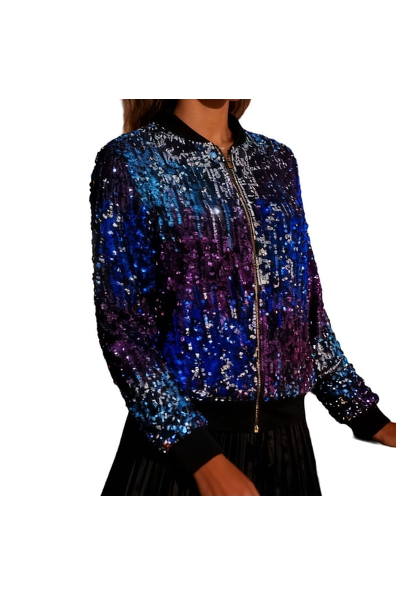 Womens Carnival Sparkly Sequins Bomber Jacket Lightweight Glitter Shiny Crop Topcoat Casual Open Front Zipper Streetwear Jackets for Festival Party