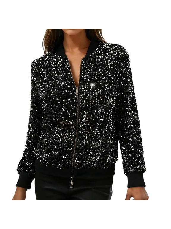 Womens Carnival Sparkly Sequins Bomber Jacket Lightweight Glitter Shiny Crop Topcoat Casual Open Front Zipper Streetwear Jackets for Festival Party