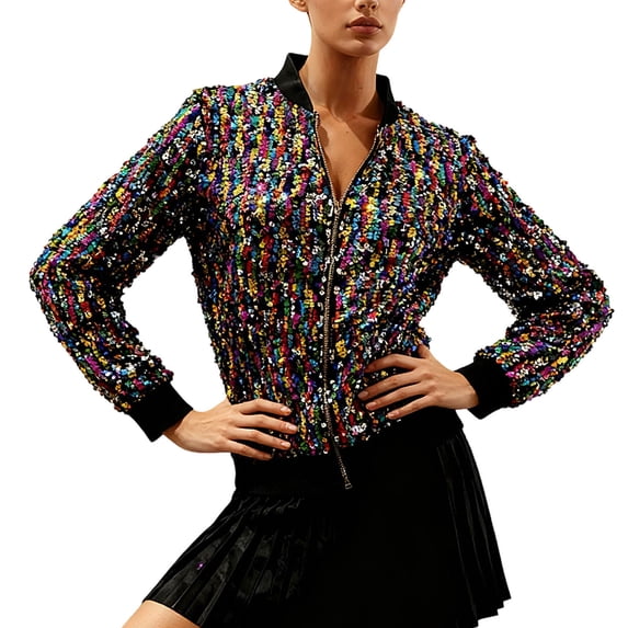Purcolt Womens Carnival Sparkly Sequins Bomber Jacket Lightweight Glitter Shiny Crop Topcoat Casual Open Front Zipper Streetwear Jackets for Festival Party