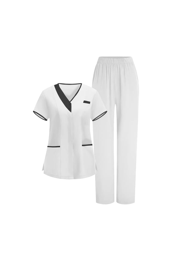 Womens Color Block Scrubs Sets Soft Stretchy V Neck Nurse Uniform Quick Drying Moisture Wicking Operating Room Uniforms with 5 Pockets