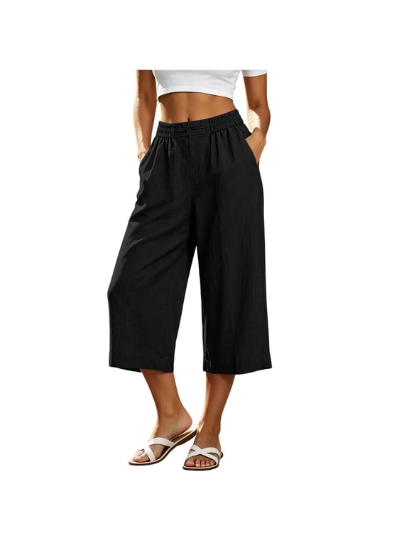 Womens Cotton Capri Pants Lightweight Casual Elastic Waist Baggy Cropped Pants Comfort Breathable Loose Fit Wide Leg Pants Loungewear with Pockets