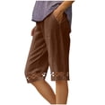 thumbnail image 1 of Purcolt Womens Cotton Linen Capri Pants Hollow Out Knee Length Shorts Summer Straight Leg Loose Casual Beach Bermuda Shorts with Pockets, 1 of 5