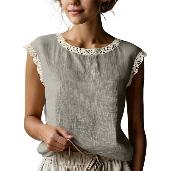 Purcolt Womens Cotton Linen Tank Tops Casual Boho Eyelet Embroidery Crewneck Sleeveless Tee Tops Trendy Soft Loose Fit Basic Shirts for Beach Vacation Party