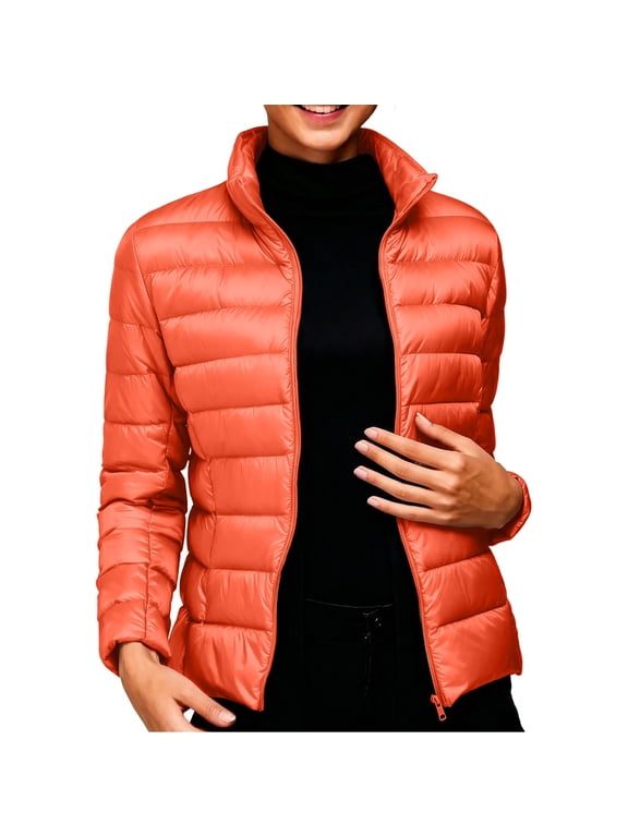 Womens Cropped Puffer Jacket - Quilted Packable Lightweight Winter Coat - Stand Collar Long Sleeve Full Zip Windproof Insulated Snow Coats