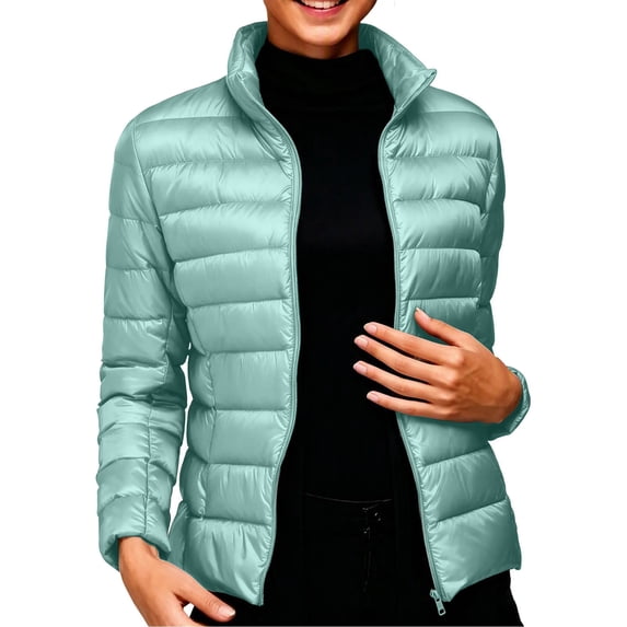 Purcolt Womens Cropped Puffer Jacket - Quilted Packable Lightweight Winter Coat - Stand Collar Long Sleeve Full Zip Windproof Insulated Snow Coats