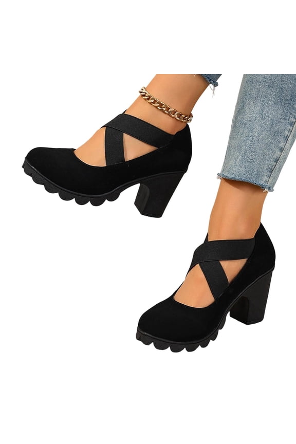 Womens Cross Elastic Strap Mary Jane Shoes Comfort Dressy Pointed Toe Chunky Block Heel Pumps Cute Scalloped Thick Sole Slip On Heels for Party Wedding Date Night