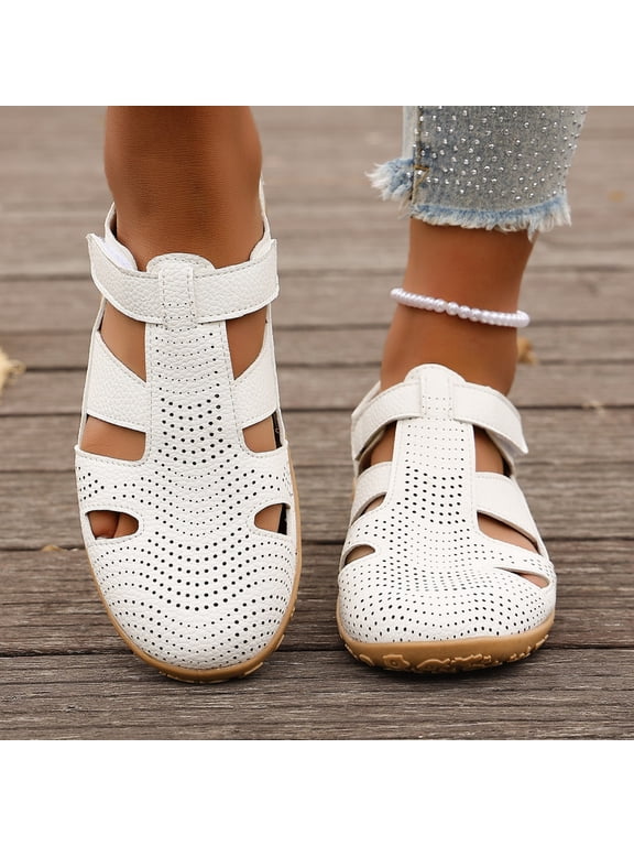 Womens Cutout PU Leather Fisherman Sandals Comfort Round Toe Hook and Loop Straps Flat Shoes Lightweight Slip On Memory Foam Walking Shoes