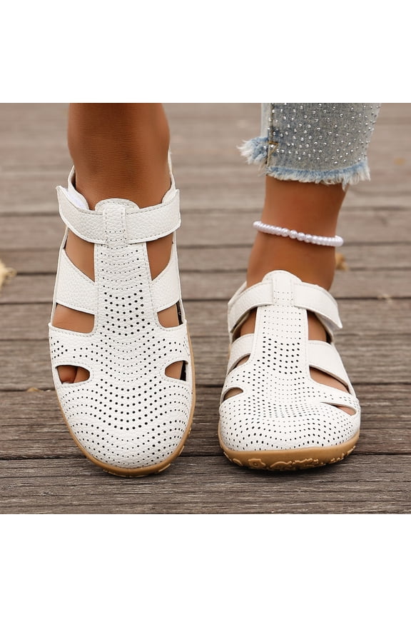Womens Cutout PU Leather Fisherman Sandals Comfort Round Toe Hook and Loop Straps Flat Shoes Lightweight Slip On Memory Foam Walking Shoes