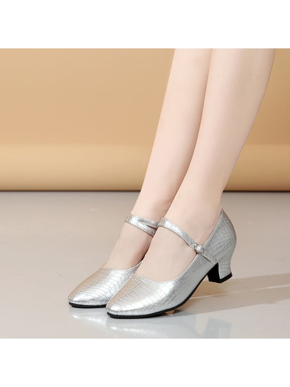 Womens Dance Shoes Soft Round Toe Ankle Strap Mary Jane Shoe Low Block Heels Slip On Dress Shoes