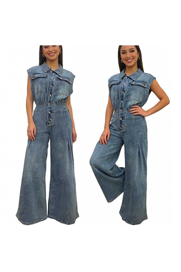 Womens Denim Jumpsuits Trendy Casual Collared Single Breasted Long Sleeve Tops Wide Leg Jeas Loose Fit One Piece Pants Summer Going Out Overalls