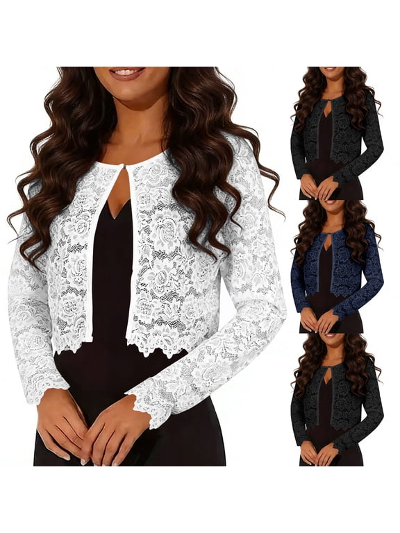 Womens Elegant Floral Lace Cardigans Dressy Casual Open Front Long Sleeve Sheer Embroidery Jacket Summer Casual Office Crop Shrug Tops