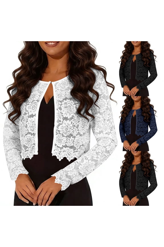 Womens Elegant Floral Lace Cardigans Dressy Casual Open Front Long Sleeve Sheer Embroidery Jacket Summer Casual Office Crop Shrug Tops
