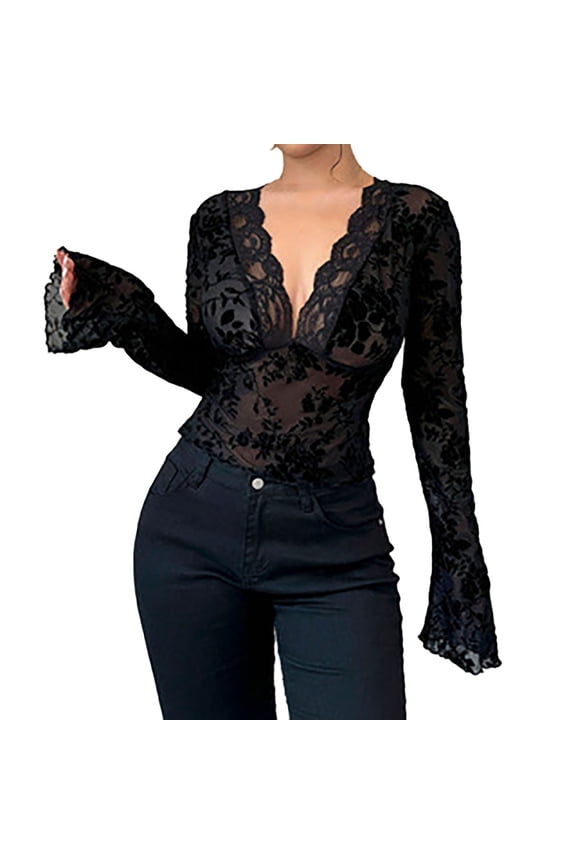 Womens Embroidery Floral Lace Bell Long Sleeve Mesh Tops Deep V Neck Sheer Blouses See Through Layering Shirts Y2K Going Out Tops