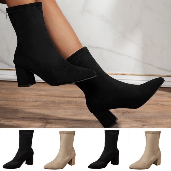 Purcolt Womens Faux Suede Ankle Boots Vintage Trendy Pointed Toe Block Heel Booties Comfort Breathable Slip-on Business Work Office Short Boots with Back Zip