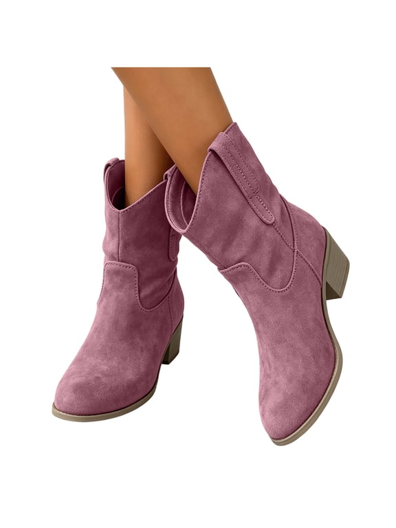 Womens Faux Suede Ankle Boots Vintage Trendy Pointed Toe Block Heel Short Booties Comfort Elegant Slip-on Western Cowgirl Boots for Travel Vacation Concert