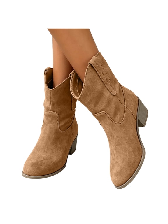 Womens Faux Suede Ankle Boots Vintage Trendy Pointed Toe Block Heel Short Booties Comfort Elegant Slip-on Western Cowgirl Boots for Travel Vacation Concert