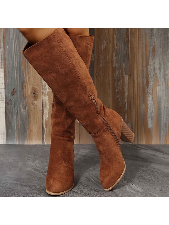 Womens Faux Suede Mid-Calf Boots Vintage Trendy Pointed Toe High Block Heel Western Cowgirl Boots Comfort Casual Non-Slip Side Zip Booties for Club Concert Trave