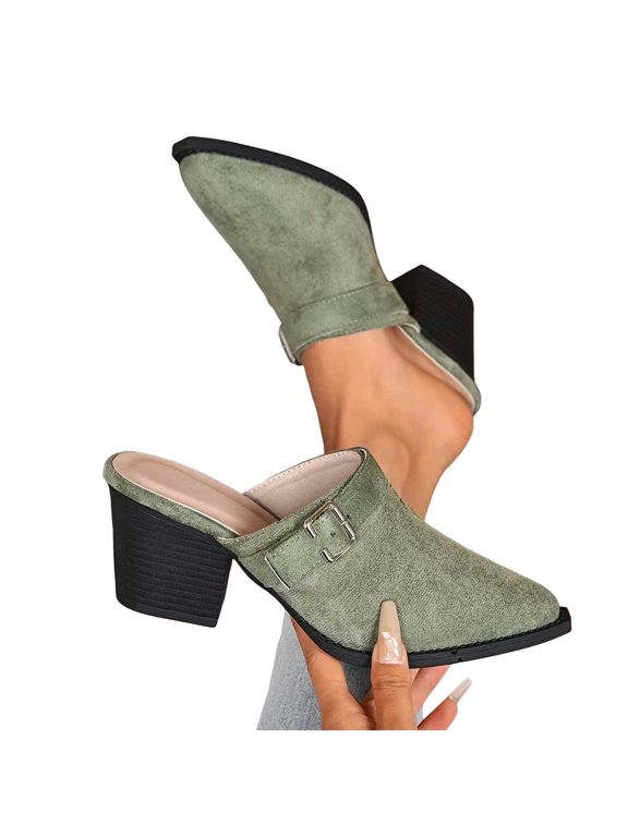 Womens Faux Suede Slide Sandals Comfort Casual Pointed Toe Chunky Block Heel Backless Slip On Slippers with Metal Buckle for Wedding Work Office