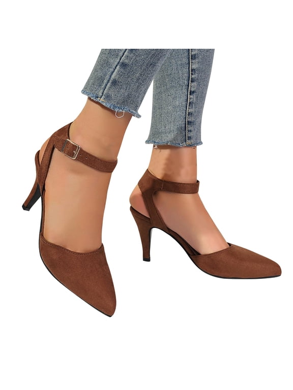 Womens Faux Suede Stilettos Heels Dressy Elegant Pointed Toe Adjustable Ankle Strap Pumps Summmer Business Dress Shoes for Work Office