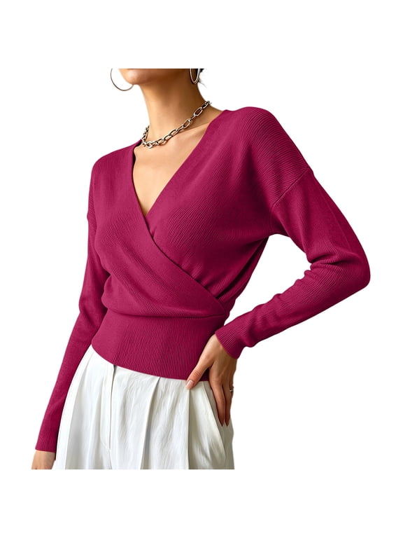 Womens Faux Wrap Cropped Tops Dressy Casual V Neck Long Sleeve Shirts Comfort Breathable Loose Fit Blouses Tunic Tops for Work Office Dailywear
