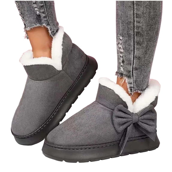 Purcolt Womens Fleece Lined Ankle Boots Lightweight Casual Boho Round Toe Winter Warm Flat Boots Comfort Thick Sole Non Slip Outdoor Short Booties with Side Bow