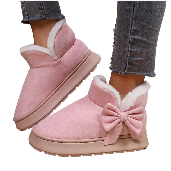 Purcolt Womens Fleece Lined Ankle Boots Lightweight Casual Boho Round Toe Winter Warm Flat Boots Comfort Thick Sole Non Slip Outdoor Short Booties with Side Bow