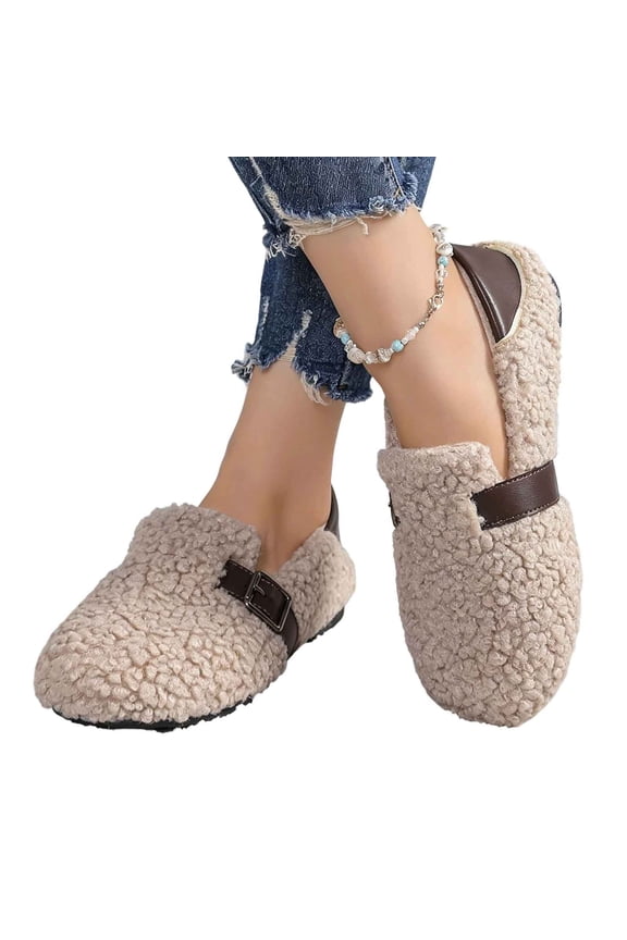 Womens Fleece Mule Loafers Comfort Casual Round Toe Slip On Warm Winter Flat Shoes Comfort Soft Sole Non-Slip Dress Shoes with Metal Buckle Strap