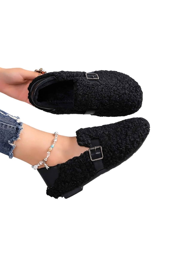 Womens Fleece Mule Loafers Comfort Casual Round Toe Slip On Warm Winter Flat Shoes Comfort Soft Sole Non-Slip Dress Shoes with Metal Buckle Strap