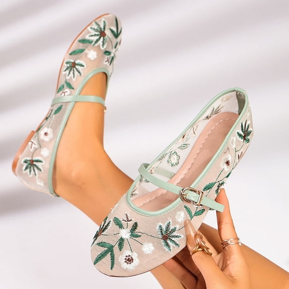 Purcolt Womens Floral Embroidery Mesh Flats Brethable Casual Square Toe Slip On Ballet Shoes Comfort Elegant Soft Sole Dress Shoes with Buckle Strap