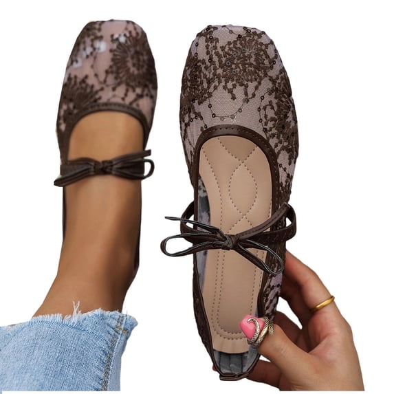 Purcolt Womens Floral Embroidery Mesh Flats Lightweight Casual Square Toe Slip On Ballet Shoes Comfort Elegant Soft Sole Dress Shoes with Bowknot Elastic Strap