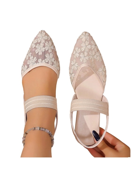 Womens Floral Embroidery Mesh Slingback Flats Dressy Casual Pointed Toe Slip On Ballet Shoes Comfort Soft Sole Dress Shoes with Elastic Ankle Strap