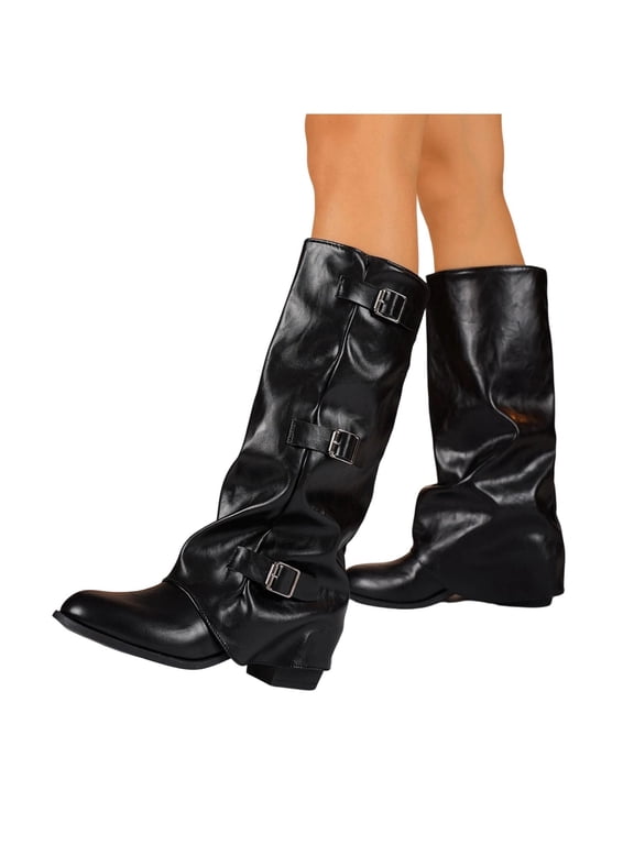 Womens Fold Over Shaft Mid-Calf Boots Vintage Trendy Round Toe Low Block Heel Pull On Tall Western Cowgirl Boots Comfort Casual Metal Buckle Strap Booties