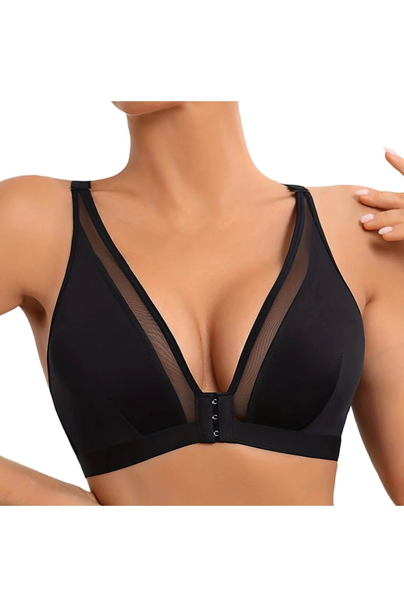 Womens Front Closure Wire Free Bra Deep V Mesh Patchwork Wireless Push Up Bralette Comfort Seamless Supportive Everyday Bra