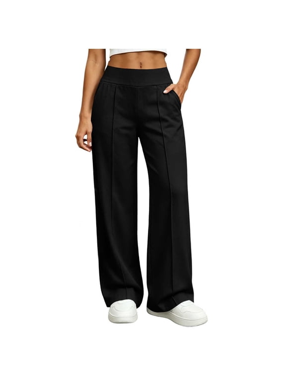 Womens Front Seam Dress Pants Dressy Casual Wide Elastic Waist Straight Leg Lounge Pants Comfort Stretchy Loose Fit Trousers with Pockets
