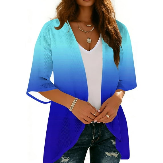 Purcolt Womens Gradient Color Swimsuit Coverup Casual Loose 3/4 Sleeve Summer Tops Kimono Cardigans Vaction Beach Cover Up