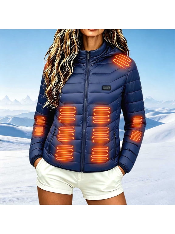 Womens Heated Hooded Puffer Jackets Full Zip Long Sleeve Quilted Coats Winter Thermal Outerwear with 21 Heating Zones, Power Bank Not Included