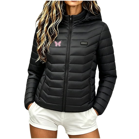 Purcolt Womens Heated Hooded Puffer Jackets Lightweight Casual Print Full Zip Long Sleeve Quilted Coats Winter Thermal Outerwear with 21 Heating Zones, Power Bank Not Included