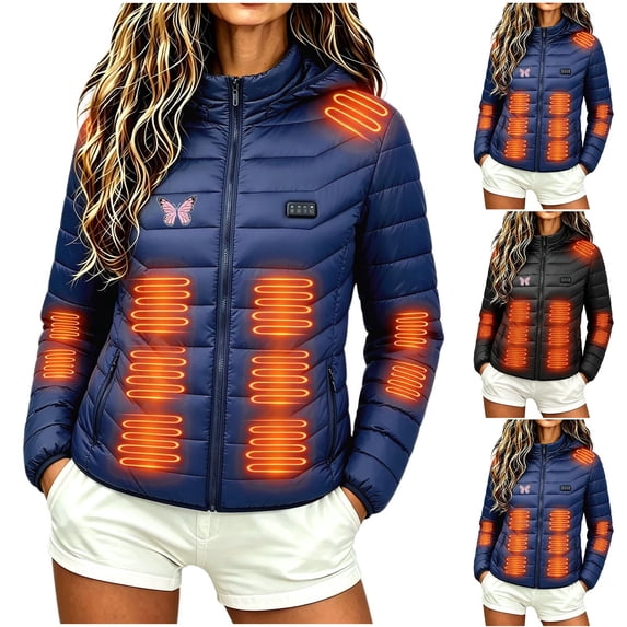 Purcolt Womens Heated Hooded Puffer Jackets Lightweight Casual Print Full Zip Long Sleeve Quilted Coats Winter Thermal Outerwear with 21 Heating Zones, Power Bank Not Included