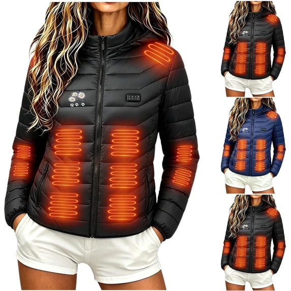 Purcolt Womens Heated Hooded Puffer Jackets Lightweight Casual Print Long Sleeve Quilted Coats Winter Thermal Outerwear with 21 Heating Zones, Zipper Pockets, Power Bank Not Included