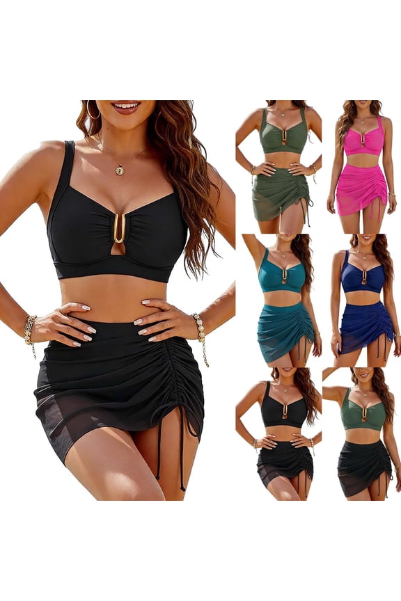Womens High Waisted Bikini Sets U-Wire Two Piece Swimsuits with Sheer Mesh Drawstring Swim Skirt Tummy Control Bathing Suits
