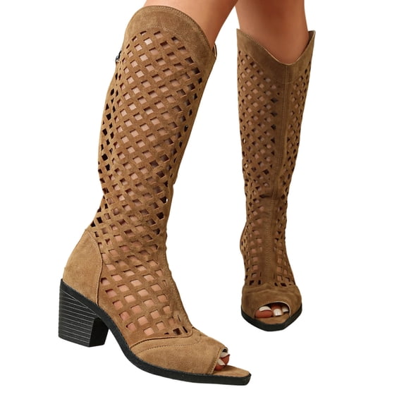 Purcolt Womens Hollow Cutout Mid-Calf Boots Y2K Vintage Cowgirl Open Pointed Toe Block Heel Short Booties Lightweight Casual Non-Slip Booties with Back Zipper