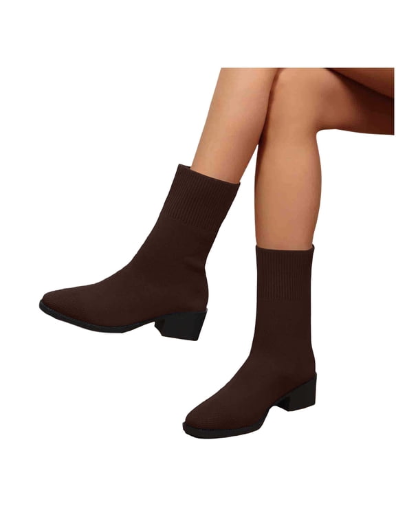 Womens Knit Mesh Ankle Boots Vintage Trendy Pointed Toe Block Heel Booties Comfort Breathable Slip-on Short Boots for Business Work Office