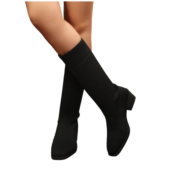 Purcolt Womens Knit Mesh Mid-Calf Boots Y2k Vintage Trendy Round Toe Block Heel Straight Tall Boots Comfort Casual Slip-on Slim Fit Booties Streetwear