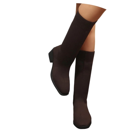 Purcolt Womens Knit Mesh Mid-Calf Boots Y2k Vintage Trendy Round Toe Block Heel Straight Tall Boots Comfort Casual Slip-on Slim Fit Booties Streetwear