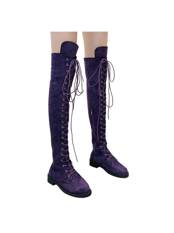 Womens Lace-up Over the Knee Boots Comfort Casual Faux Suede Round Toe Thigh High Boots Lightweight Block Heel Thick Sole Long Boots with Side Zipper Streetwear