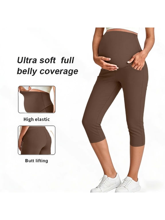 Womens Maternity Leggings Stretchy Over The Belly Workout Yoga Capris Buttery Soft Tummy Control Cropped Pregnancy Pants with Pockets