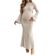 thumbnail image 1 of Purcolt Womens Maternity Ribbed Knit Maxi Dress Elegant Ruffled Trim Mock Neck Flare Long Sleeve Mermaid Dress Comfort Stretchy Slim Fit Bodycon Long Dress, 1 of 9