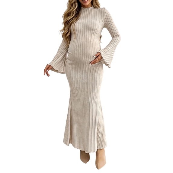Purcolt Womens Maternity Ribbed Knit Maxi Dress Elegant Ruffled Trim Mock Neck Flare Long Sleeve Mermaid Dress Comfort Stretchy Slim Fit Bodycon Long Dress