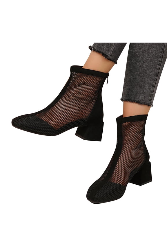 Womens Mesh Ankle Boots Lightweight Breathable Summer Pointed Toe Mid Block Booties Everyday Short Boots with Back Zipper